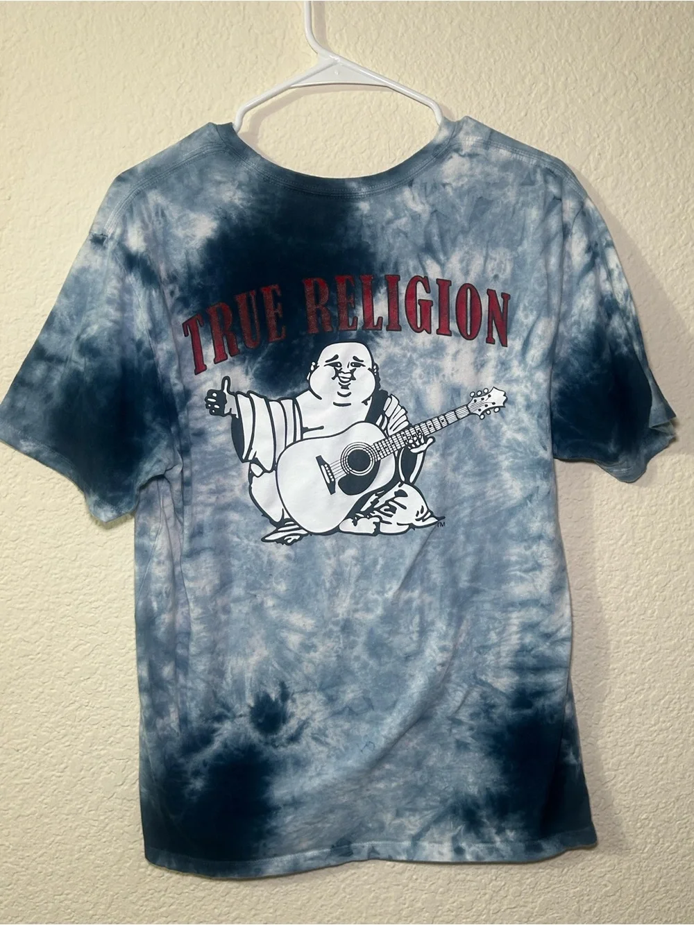 True Religion Blue and White Tie-Dye Buddha Graphic Tee Short Sleeve Urban Mediu